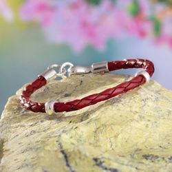 Image for Handmade Crimson Leather Braided Bracelet with Silver 925 Bold Crimson