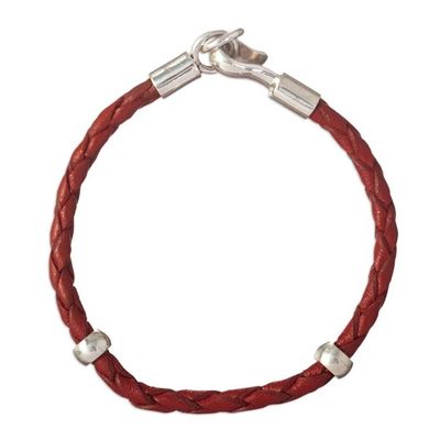 Alternate image for Handmade Crimson Leather Braided Bracelet with Silver 925 Bold Crimson
