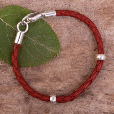 Alternate image for Handmade Crimson Leather Braided Bracelet with Silver 925 Bold Crimson