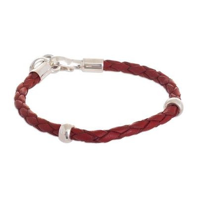 Alternate image for Handmade Crimson Leather Braided Bracelet with Silver 925 Bold Crimson