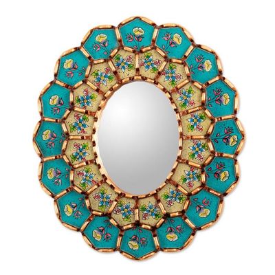Alternate image for Floral-Themed Bronze-Gilded Reverse-Painted Glass Mirror Rosy Arrangement