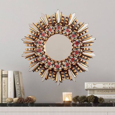 Primary image for Sun Floral-Themed Bronze-Gilded Reverse-Painted Glass Mirror Sun Bouquet