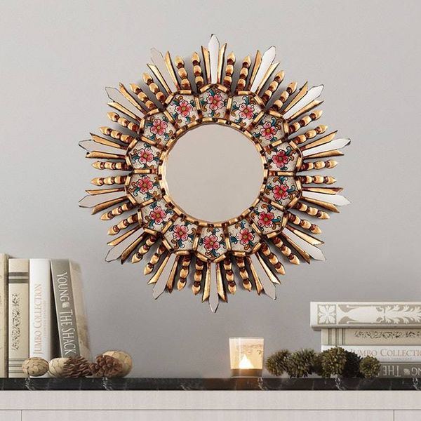 Alternate image for Sun Floral-Themed Bronze-Gilded Reverse-Painted Glass Mirror Sun Bouquet