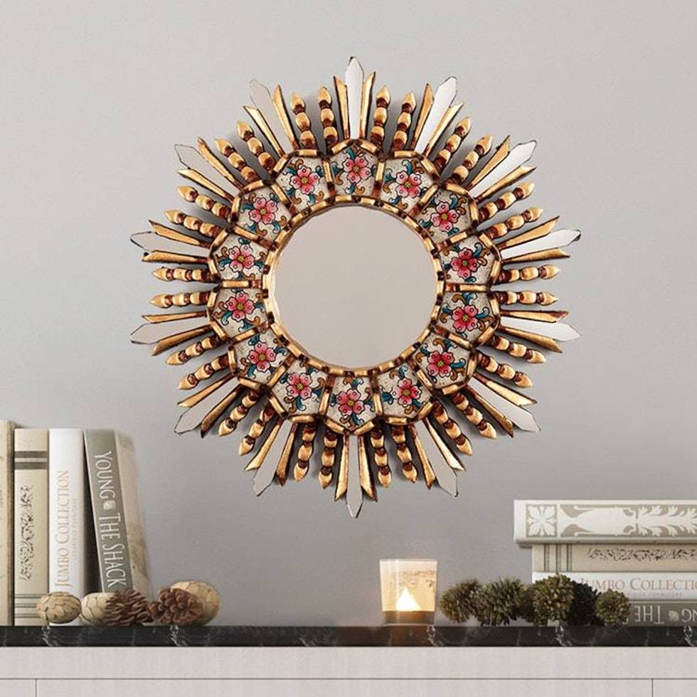 Sun Floral-Themed Bronze-Gilded Reverse-Painted Glass Mirror 'Sun Bouquet'