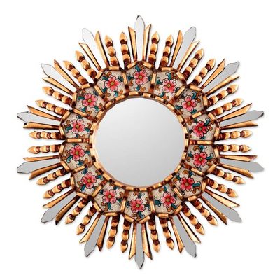 Alternate image for Sun Floral-Themed Bronze-Gilded Reverse-Painted Glass Mirror Sun Bouquet
