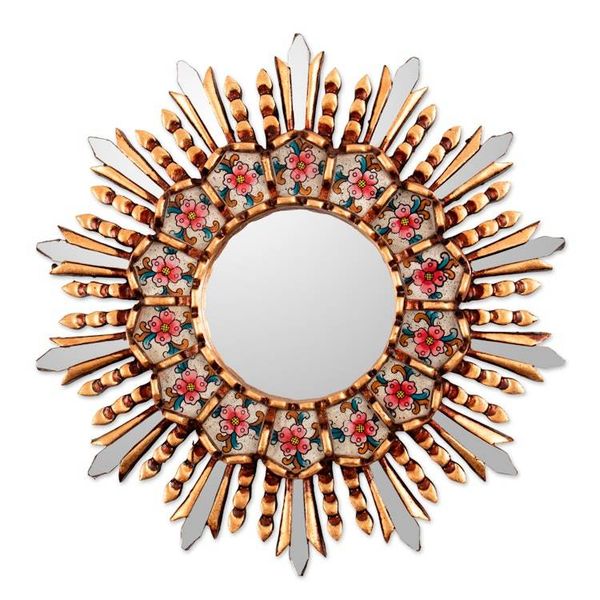 Alternate image for Sun Floral-Themed Bronze-Gilded Reverse-Painted Glass Mirror Sun Bouquet