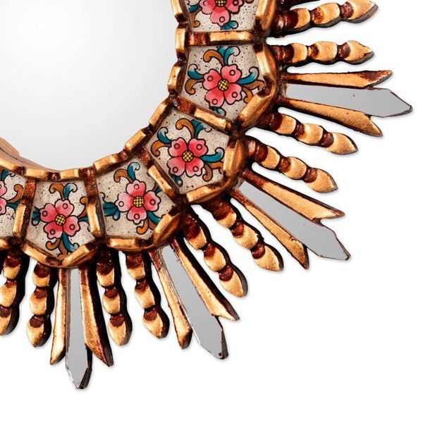 Alternate image for Sun Floral-Themed Bronze-Gilded Reverse-Painted Glass Mirror Sun Bouquet