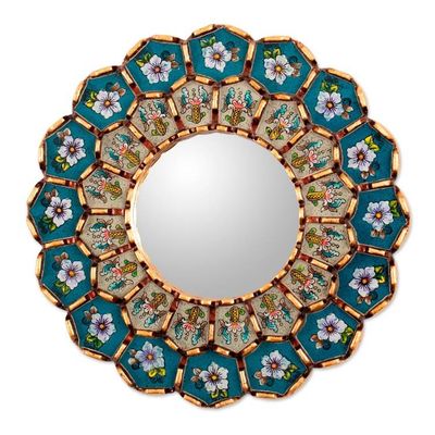 Alternate image for Bronze-Gilded Reverse-Painted Glass Mirror with Floral Theme Bloomy Arrangement