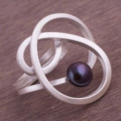 Image for Abstract Style Sterling Silver Grey Pearl Cocktail Ring Dark Amazon Nest