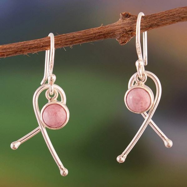 Alternate image for Modern Natural Rhodonite Cabochon Dangle Earrings from Peru Knots of Compassion