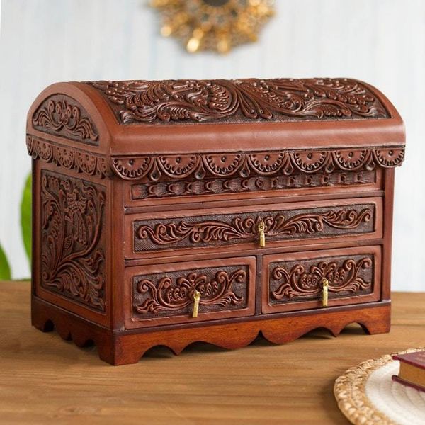 Alternate image for Handcrafted Wood and Leather Jewelry Box from Peru Brave Swan