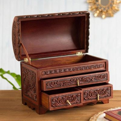 Alternate image for Handcrafted Wood and Leather Jewelry Box from Peru Brave Swan
