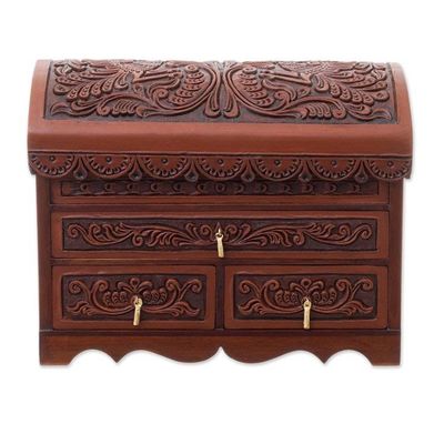 Alternate image for Handcrafted Wood and Leather Jewelry Box from Peru Brave Swan