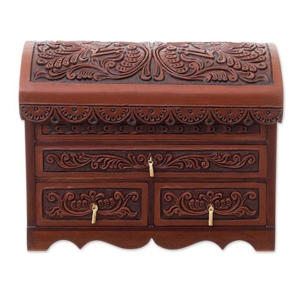 Alternate image for Handcrafted Wood and Leather Jewelry Box from Peru Brave Swan
