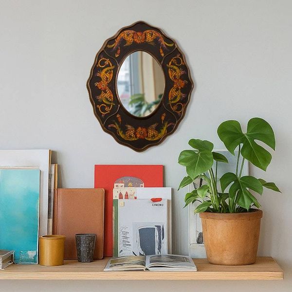 Alternate image for Black Floral Reverse-Painted Glass Wall Mirror from Peru Black Colonial Wreath