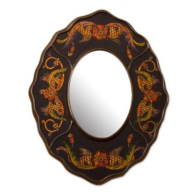 Alternate image for Black Floral Reverse-Painted Glass Wall Mirror from Peru Black Colonial Wreath