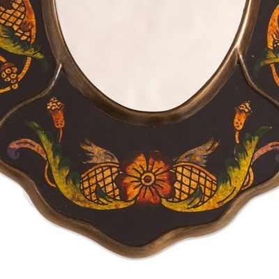 Alternate image for Black Floral Reverse-Painted Glass Wall Mirror from Peru Black Colonial Wreath