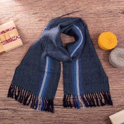 Image for Blue and Ivory 100 Alpaca Striped Scarf Hand-Woven in Peru Seabed