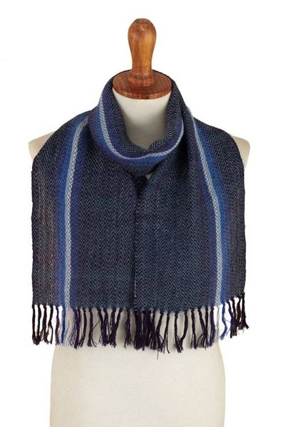 Alternate image for Blue and Ivory 100 Alpaca Striped Scarf Hand-Woven in Peru Seabed
