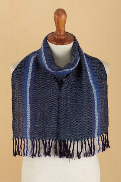 Alternate image for Blue and Ivory 100 Alpaca Striped Scarf Hand-Woven in Peru Seabed