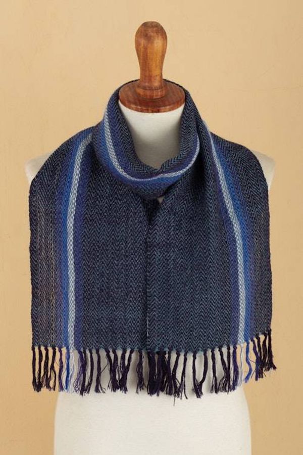 Alternate image for Blue and Ivory 100 Alpaca Striped Scarf Hand-Woven in Peru Seabed