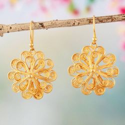 Image for Handmade Floral 21k Gold Plate Filigree Earrings from Peru Solar Flower