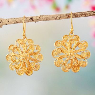 Alternate image for Handmade Floral 21k Gold Plate Filigree Earrings from Peru Solar Flower