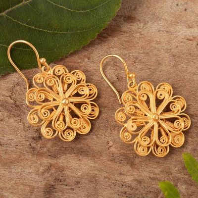 Alternate image for Handmade Floral 21k Gold Plate Filigree Earrings from Peru Solar Flower