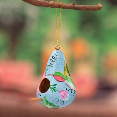 Alternate image for Birdhouse-Shaped Blue Dried Gourd Floral Christmas Ornament Blue Birdhouse Bloom