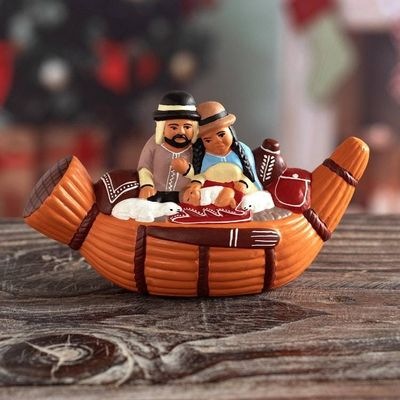 Primary image for Artisan Crafted Ceramic Christmas Figurine Bethlehem in a Reed Boat