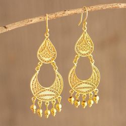 Image for Peruvian Gold-Plated Filigree Chandelier Earrings Crescent Drop