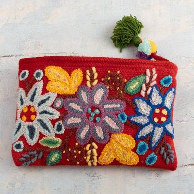 Primary image for Floral Embroidered Red 100 Alpaca Cosmetic Bag from Peru Intense Devotion