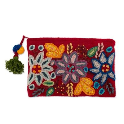 Alternate image for Floral Embroidered Red 100 Alpaca Cosmetic Bag from Peru Intense Devotion