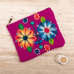 Image for Handmade Zippered Alpaca Blend Coin Purse in Magenta Hues Magenta Bouquet