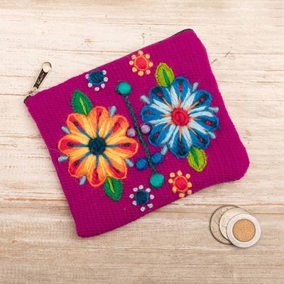 Primary image for Handmade Zippered Alpaca Blend Coin Purse in Magenta Hues Magenta Bouquet