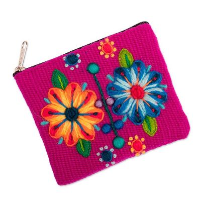 Alternate image for Handmade Zippered Alpaca Blend Coin Purse in Magenta Hues Magenta Bouquet