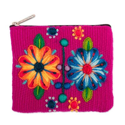 Alternate image for Handmade Zippered Alpaca Blend Coin Purse in Magenta Hues Magenta Bouquet