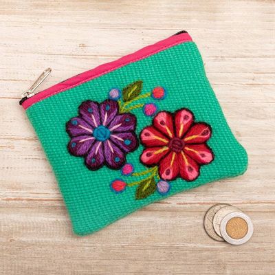 Primary image for Spring-Themed Embroidered Alpaca Blend Coin Purse from Peru Spring in Turquoise