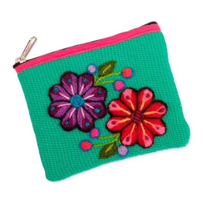 Alternate image for Spring-Themed Embroidered Alpaca Blend Coin Purse from Peru Spring in Turquoise