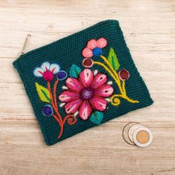 Image for Artisan-Made Spring-Themed Viridian Alpaca Blend Coin Purse Primaveral Viridian