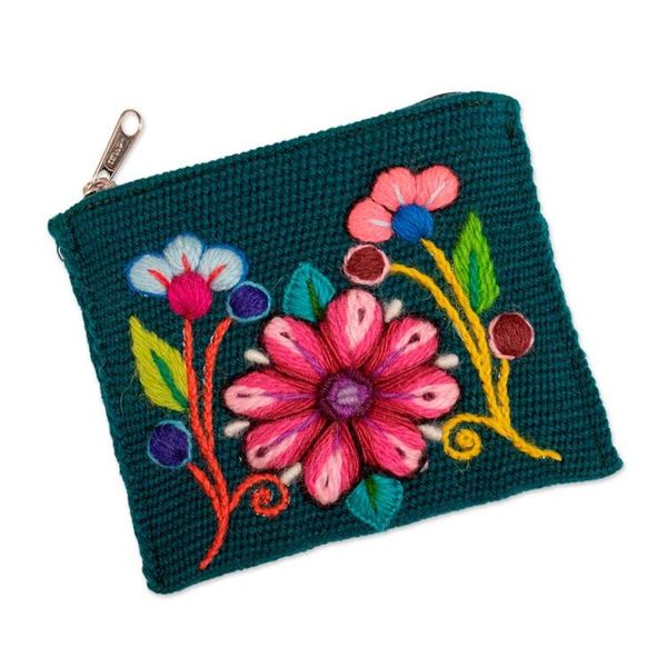 Alternate image for Artisan-Made Spring-Themed Viridian Alpaca Blend Coin Purse Primaveral Viridian