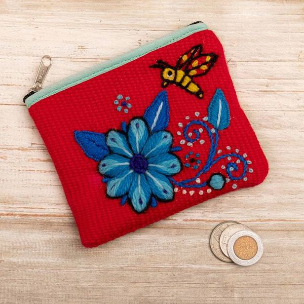 Alternate image for Autumn-Inspired Floral Red and Blue Alpaca Blend Coin Purse Autumn Nature