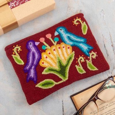 Primary image for Bird and Flower-Themed Burgundy Wool Cosmetic Bag Burgundy Nature