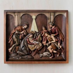 Image for Handcrafted Cedar Wood Nativity Scene Relief Sculpture Nativity with Shepherds
