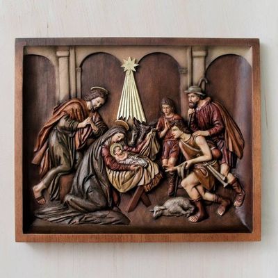 Primary image for Handcrafted Cedar Wood Nativity Scene Relief Sculpture Nativity with Shepherds