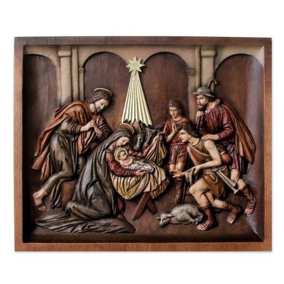 Alternate image for Handcrafted Cedar Wood Nativity Scene Relief Sculpture Nativity with Shepherds