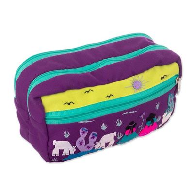 Alternate image for Cotton Blend Toiletry Bag with Applique Andean Motifs Llama Sunrise