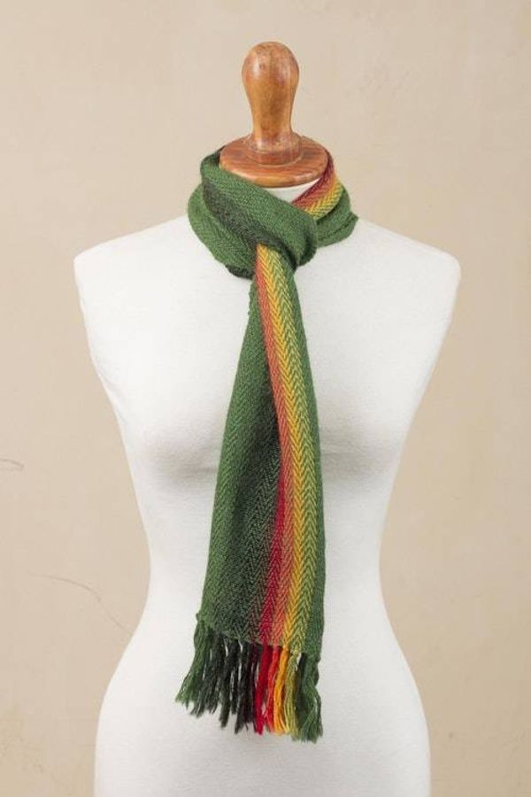Alternate image for Green and Multicolored 100 Alpaca Wrap Scarf from Peru Moss Rainbow