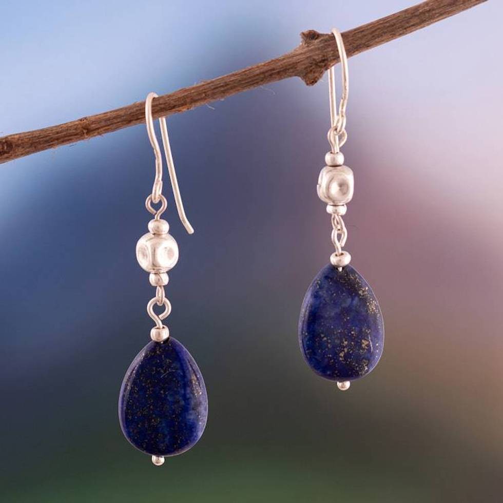 Silver Dangle Earrings with Teardrop Lapis Lazuli Gemstones 'Drops of the Open Sea'