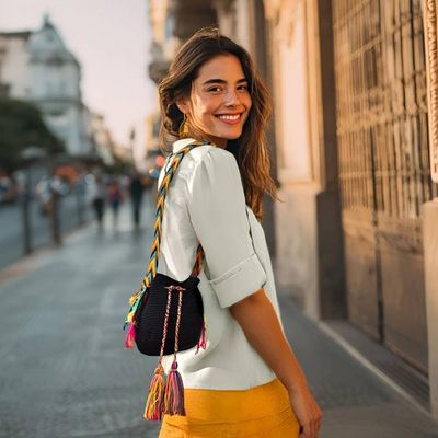Primary image for Black Crocheted Sling Bag with Multicolored Accents Wayuu Glam